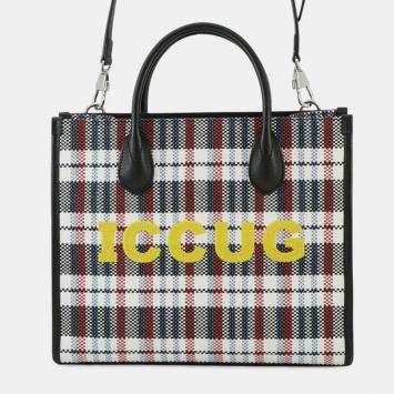 Pre Owned Gucci Brown Freya Hartas Canvas ICCUG Logo Embroidered Plaid Tote