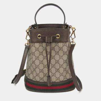 Pre Owned Gucci GG Supreme Small Bucket Bag GG Supreme Leather Shoulder Bag Beige Brown