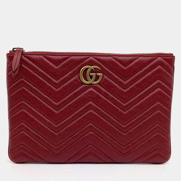 Pre Owned Gucci Red Leather GG Marmont Clutch