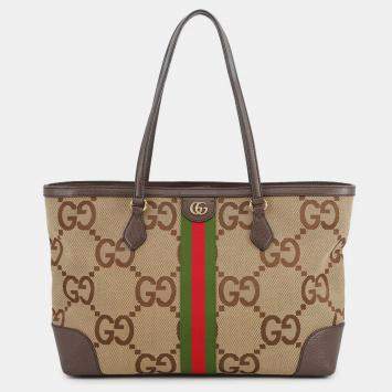 Pre Owned Gucci Ophidia Jumbo Gg Medium Tote Brown/Beige Canvas Leather Size Medium