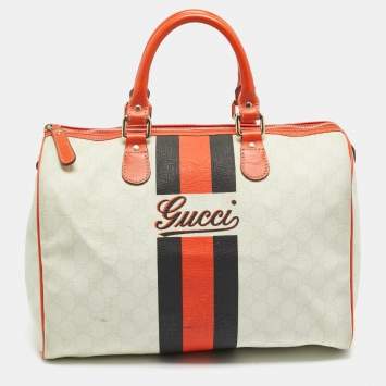 Pre Owned Gucci Joy Web Stripe Orange/Off White GG Supreme Canvas and Leather Boston Bag