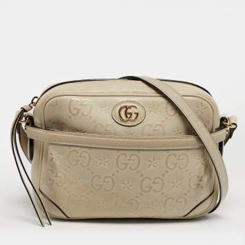 Pre Owned Gucci White GG Star Leather Camera Shoulder Bag