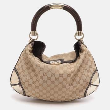 Pre Owned Gucci Babouska Indy Medium Beige/Dark Brown Canvas and Leather Hobo