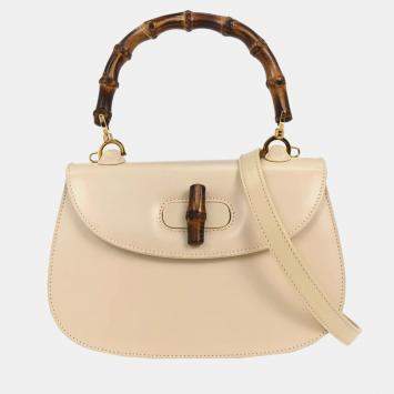 Pre Owned Gucci Bamboo Beige Leather Top Handle Bag
