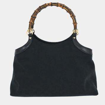 Pre Owned حقيبة يد جوتشي توت بمقبض من البامبو سوداء GG