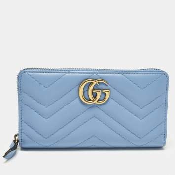 Pre Owned Gucci GG Marmont Blue Matelasse Leather Zip Around Wallet