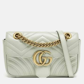 Pre Owned Gucci GG Marmont Flap Mini Light Green Matelassé Leather Shoulder Bag