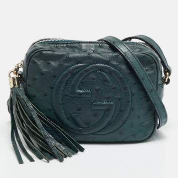 Pre Owned Gucci Soho Disco Camera Dark Green Ostrich Crossbody Bag