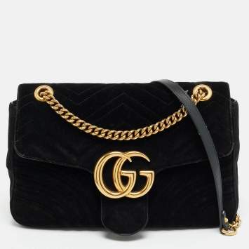 Pre Owned Gucci GG Marmont Flap Medium Black Matelassé Velvet Shoulder Bag