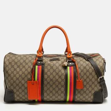 مملوكة مسبقًا Gucci Sherry Line Beige/Orange GG Supreme Canvas and Leather Duffel Bag