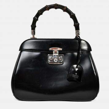 مملوكة مسبقًا حقيبة غوتشي "ليدي لوك" بامبو جلد أسود متوسطة بيد علوية