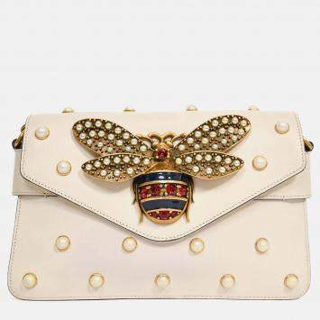 Pre Owned Gucci White Leather Pearl Studded Mini Broadway Bee Shoulder Bag with Web Strap