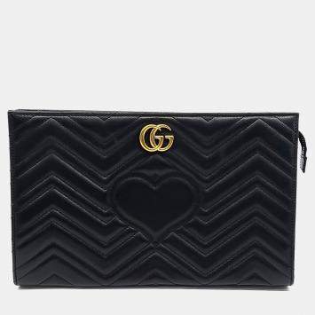 Pre Owned Gucci Black Leather Marmont Matelasse Clutch