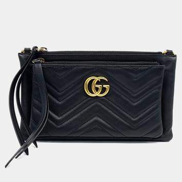 مملوكة مسبقًا Gucci Black Leather Marmont Matelasse Double Zip Crossbody Bag