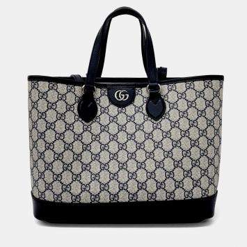 Pre Owned Gucci Beige Navy Blue PVC Ophidia Gg Small Tote Bag