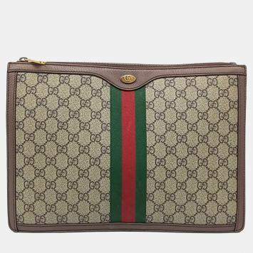 Pre Owned Gucci Beige Brown Leather and PVC Supreme Portfolio Clutch