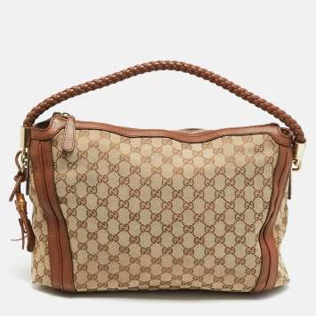 Pre Owned Gucci Bella Medium Brown/Beige GG Canvas and Leather Hobo