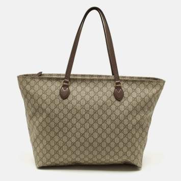 Pre Owned Gucci Top Zip Beige GG Supreme Canvas Tote