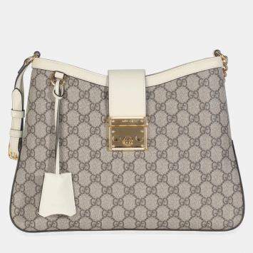 Pre Owned Gucci Beige Ebony GG Supreme Canvas Moon Calfskin Medium Padlock Shoulder Bag