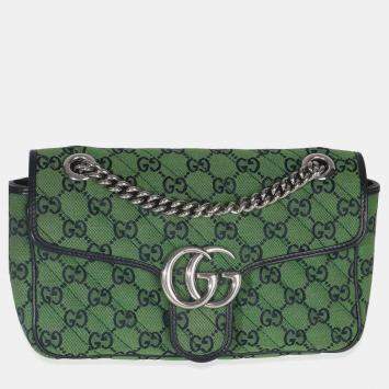Pre Owned Gucci Green Navy GG Canvas Diagonal Small GG Marmont Bag
