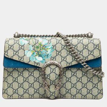 Pre Owned Gucci Blue Brown Small GG Supreme Blooms Dionysus Shoulder Bag