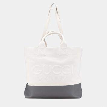 Pre Owned Gucci Grey White Canvas Embossed Logo Tote