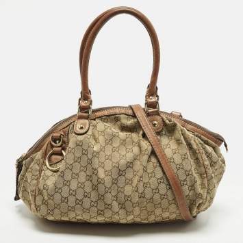 Pre Owned Gucci Sukey Medium Beige/Bronze GG Canvas and Leather Bag