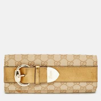 Pre Owned Gucci Romy Buckle Beige/Bronze GG Canvas and Leather Clutch