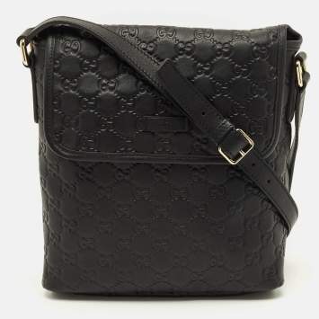 Pre Owned Gucci Flap Black Guccissima Leather Messenger Bag