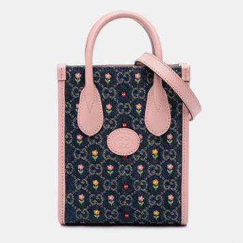 Pre Owned Gucci Blue Pink Mini GG Denim Interlocking G Flowers Tote