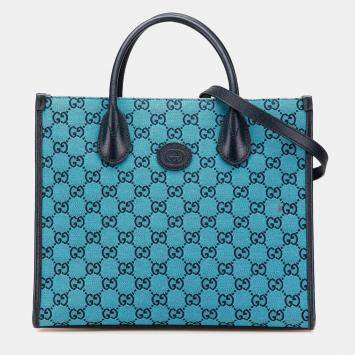 Pre Owned Gucci Blue Small GG Canvas Interlocking G Tote