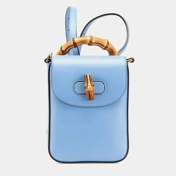 Pre Owned Gucci Blue Mini Calfskin Bamboo Top Handle Bag
