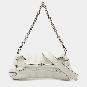 مملوكة مسبقًا Gucci White Small Quilted Leather Horsebit Chain Satchel