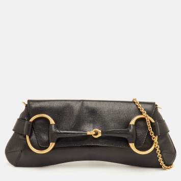 مملوكة مسبقًا Gucci Horsebit Black Leather Flap Chain Clutch
