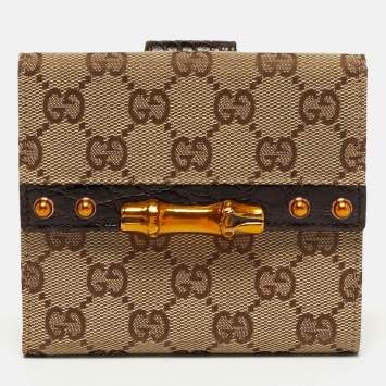 Pre Owned محفظة غوتشي فرنش جلد محفور بتصميم جلد التمساح وقماش جي جي بني وبيج بامبو بار