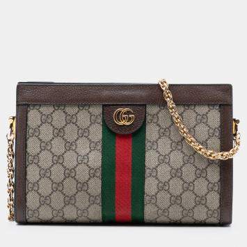 Pre Owned Gucci Brown Small GG Supreme Web Ophidia Chain Crossbody