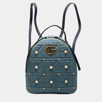 Pre Owned Gucci Blue Small GG Marmont Pearl Studded Matelasse Denim Backpack