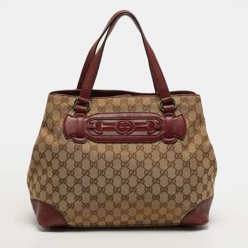Pre Owned Gucci Supreme Web Dressage Dark Medium Red/Beige GG Canvas and Leather Tote