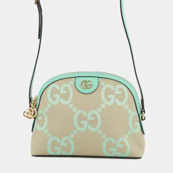 Pre Owned Gucci Jumbo Gg Ophidia Shoulder Bag Mint Green/Beige Leather Canvas