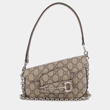 Pre Owned Gucci Horsebit 1955 Gg Supreme Shoulder Bag Beige/Brown Pvc Leather Size Mini
