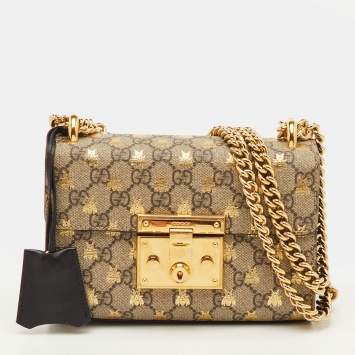 Pre Owned Gucci Padlock Small Black/Beige GG Supreme Canvas and Leather Shoulder Bag