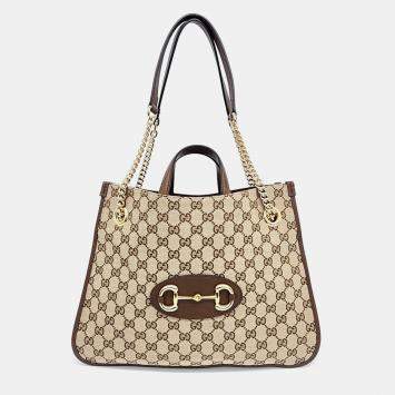 مملوكة مسبقًا Gucci Beige/Brown Canvas 1955 Horsebit Medium Tote Bag