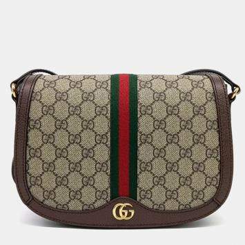 Pre Owned Gucci Beige/Brown Coated Canvas Ophidia GG Crossbody Bag