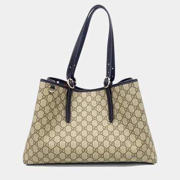 Pre Owned Gucci Beige Brown Coated Canvas and Leather GG Emblem Medium Shoulder Bag