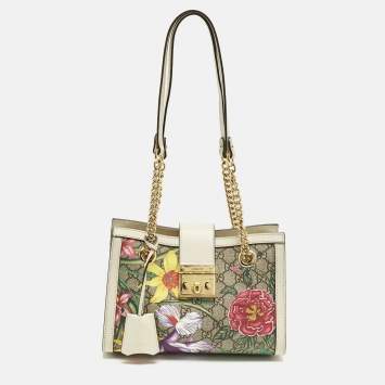 Pre Owned Gucci Padlock Small Beige/Off White Flora GG Supreme Canvas Tote