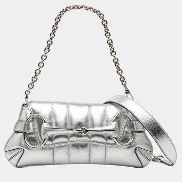 Pre Owned Gucci Silver Small Metallic Quilted Leather Horsebit Chain Satchel