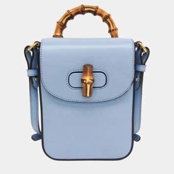 Pre Owned Gucci Blue Leather Bamboo Backpack Handbag Shoulder Bag 
