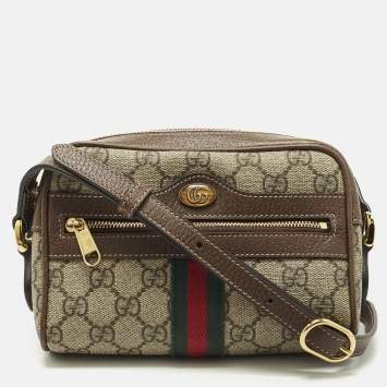 Pre Owned Gucci Ophidia Mini Beige/Brown GG Supreme Canvas and Leather Crossbody Bag
