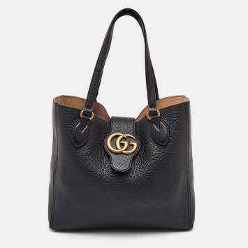 Pre Owned Gucci GG Marmont Dahlia Small Black Leather Tote