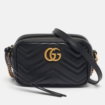 Pre Owned Gucci GG Marmont Mini Black Matelassé Leather Camera Bag